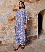 Blue flower print handblock chanderi pintucks kurta pant set