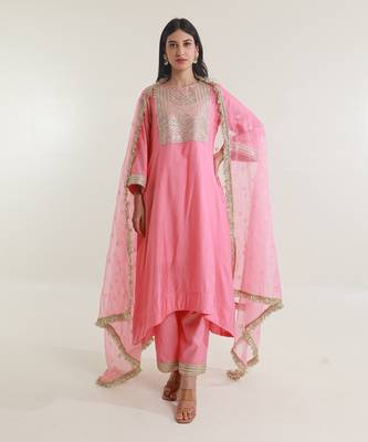 Pink chanderi straight kurta sets 1