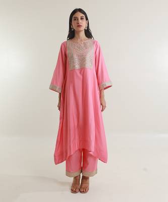 Pink chanderi straight kurta sets 2