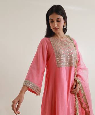 Pink chanderi straight kurta sets 3