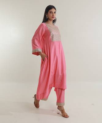 Pink chanderi straight kurta sets 5