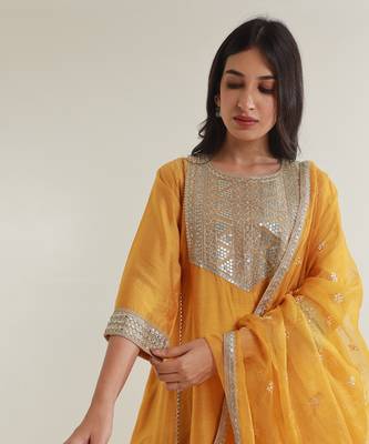 Yellow chanderi straight kurta sets 3