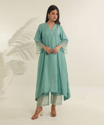 Mint green chanderi straight kurta sets 2