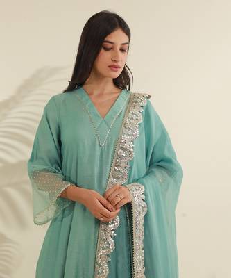 Mint green chanderi straight kurta sets 3