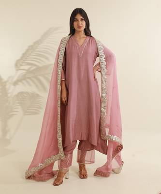 Rose pink chanderi straight kurta sets 1