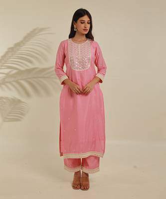 Pink chanderi straight kurta sets 2