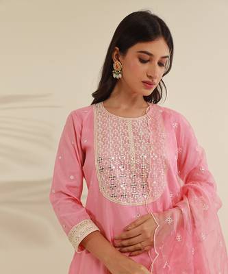 Pink chanderi straight kurta sets 3