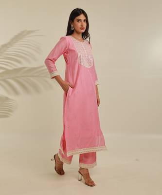 Pink chanderi straight kurta sets 4
