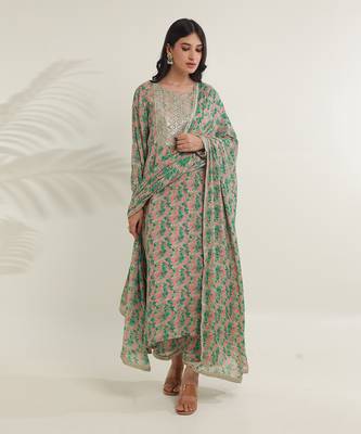Green viscose chinon straight kurta sets 2
