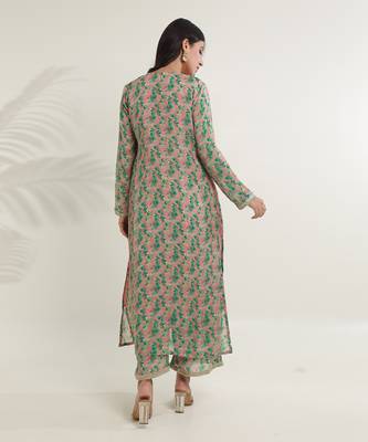Green viscose chinon straight kurta sets 5