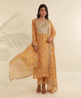 Yellow viscose chinon straight kurta sets 1