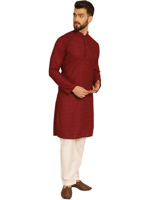 Maroon chikankari embroidery cotton kurta with cotton aligarh pajama 1