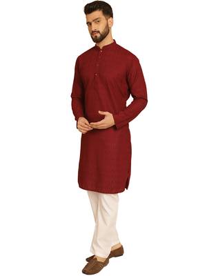 Maroon chikankari embroidery cotton kurta with cotton aligarh pajama 2