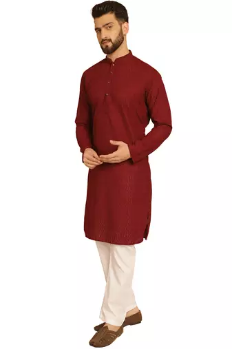 Maroon chikankari embroidery cotton kurta with cotton aligarh pajama