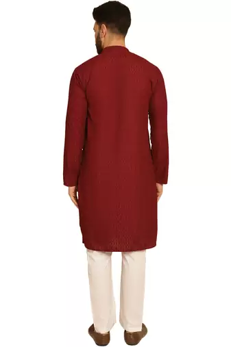 Maroon chikankari embroidery cotton kurta with cotton aligarh pajama