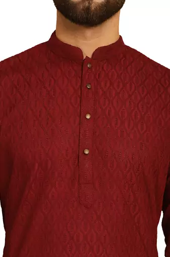 Maroon chikankari embroidery cotton kurta with cotton aligarh pajama