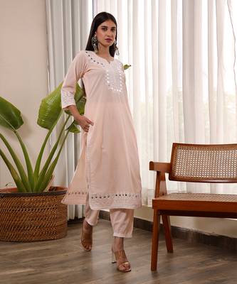 Pink cotton straight kurta sets 4