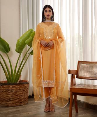 Yellow cotton straight kurta sets 1