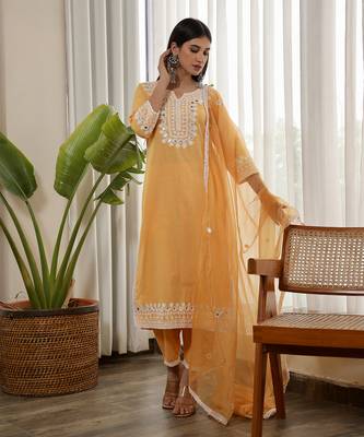 Yellow cotton straight kurta sets 2