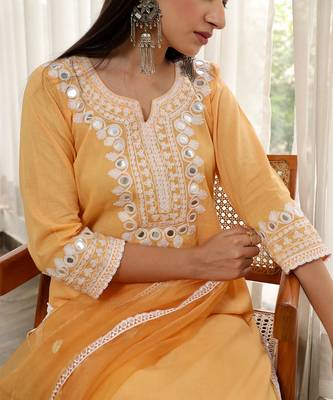 Yellow cotton straight kurta sets 3