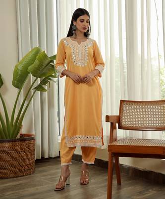 Yellow cotton straight kurta sets 4