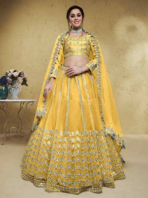 magnetic yellow foil work net haldi lehenga set choli with dupatta with dupatta 1