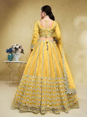 magnetic yellow foil work net haldi lehenga set choli with dupatta with dupatta 3