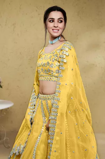 magnetic yellow foil work net haldi lehenga set choli with dupatta with dupatta