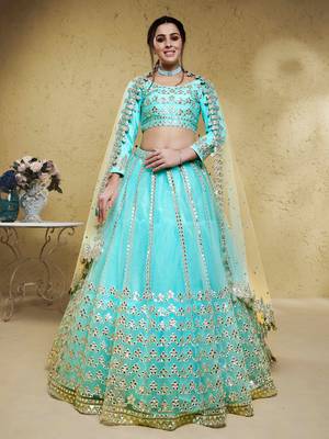 sky blue foil work net party lehenga set choli with dupatta with dupatta 1