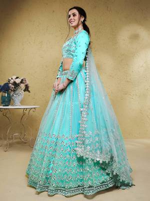 sky blue foil work net party lehenga set choli with dupatta with dupatta 2