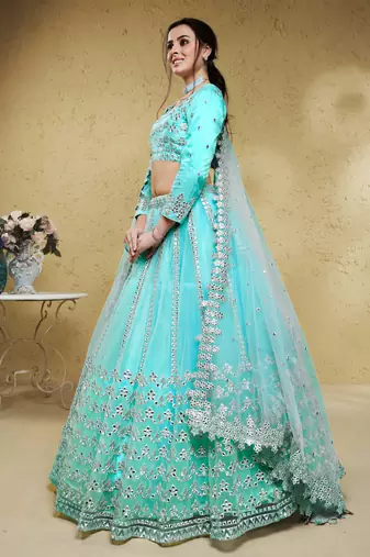 sky blue foil work net party lehenga set choli with dupatta with dupatta