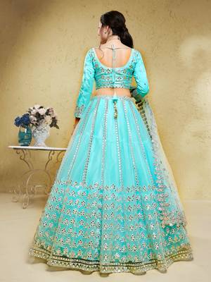 sky blue foil work net party lehenga set choli with dupatta with dupatta 3