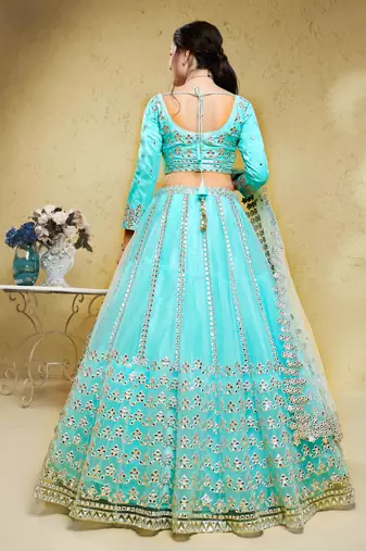 sky blue foil work net party lehenga set choli with dupatta with dupatta