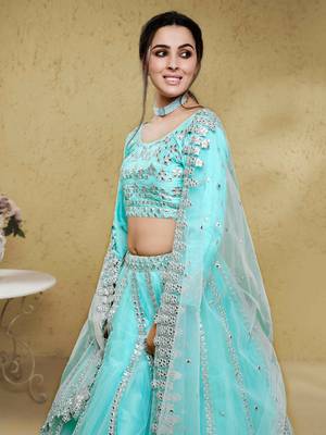 sky blue foil work net party lehenga set choli with dupatta with dupatta 4