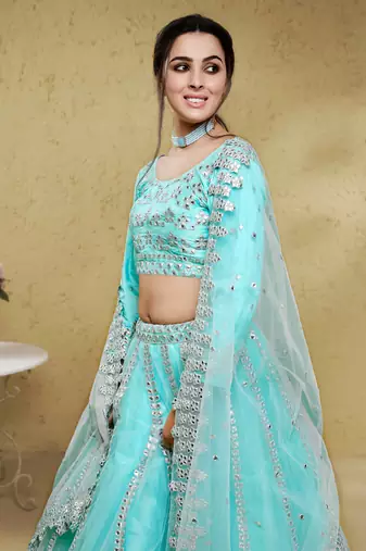 sky blue foil work net party lehenga set choli with dupatta with dupatta