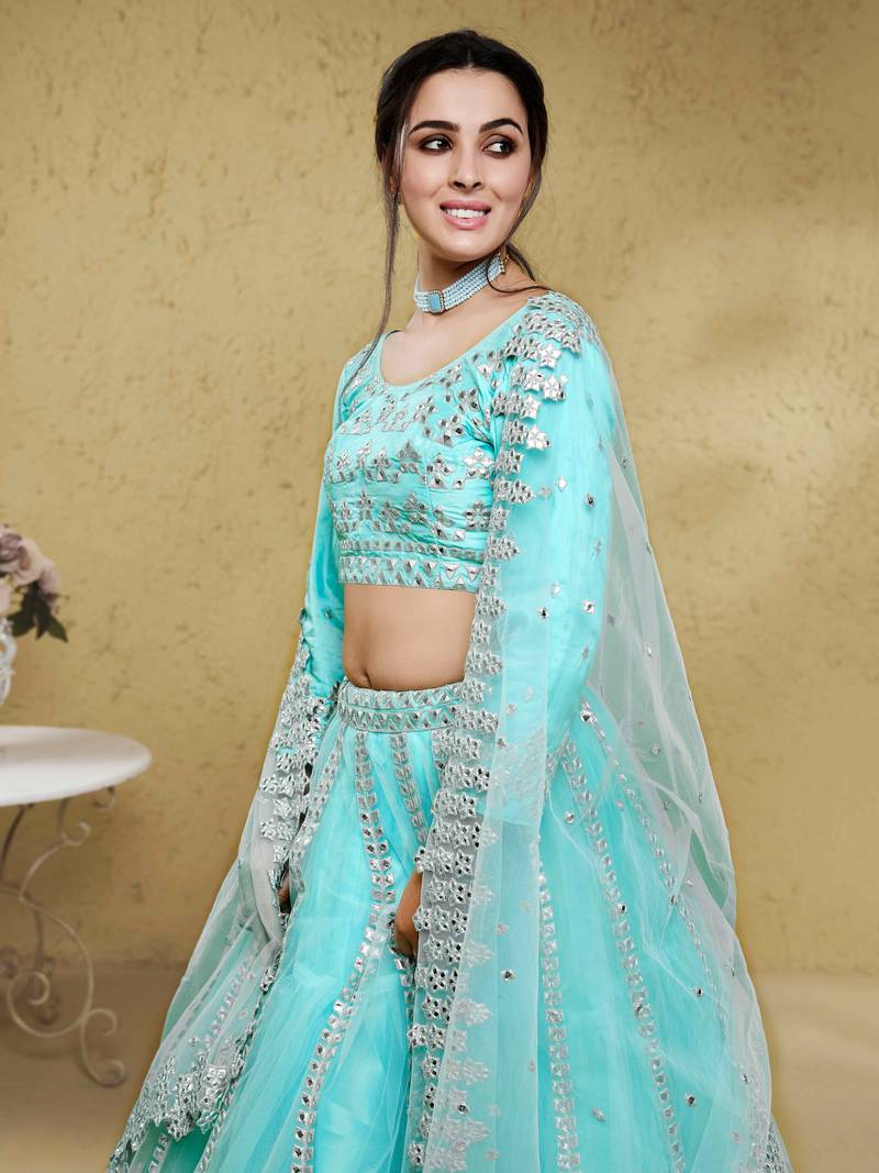 Charming Sky Blue Foil Work Net Party Wear Lehenga Choli With Dupatta
