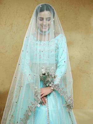sky blue foil work net party lehenga set choli with dupatta with dupatta 5