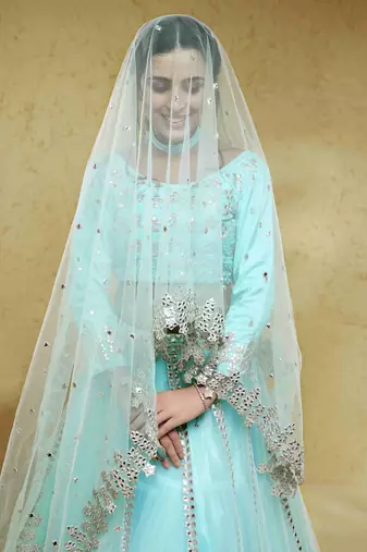 sky blue foil work net party lehenga set choli with dupatta with dupatta