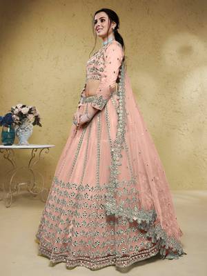 fascinating dusty pink foil work net lehenga set choli with dupatta 2
