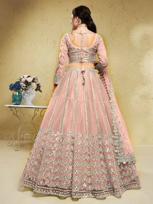 fascinating dusty pink foil work net lehenga set choli with dupatta 3