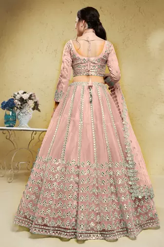 fascinating dusty pink foil work net lehenga set choli with dupatta