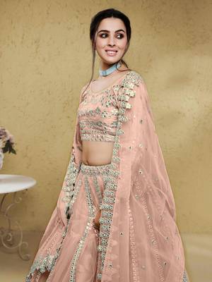 fascinating dusty pink foil work net lehenga set choli with dupatta 4