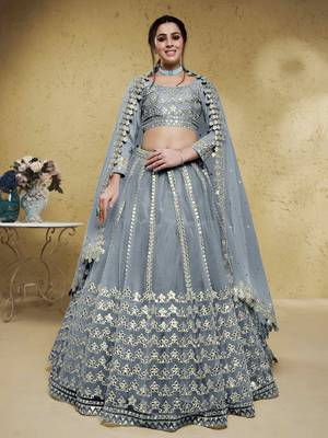 grey foil work net lehenga set choli with dupatta with dupatta 1