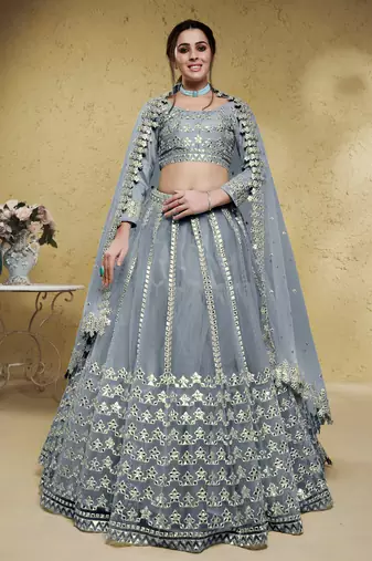 Gorgeous Grey Foil Work Net Reception Wear Lehenga Choli With Dupatta