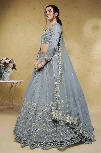 grey foil work net lehenga set choli with dupatta with dupatta