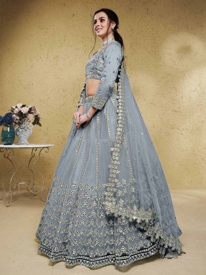 Gorgeous Grey Foil Work Net Reception Wear Lehenga Choli With Dupatta