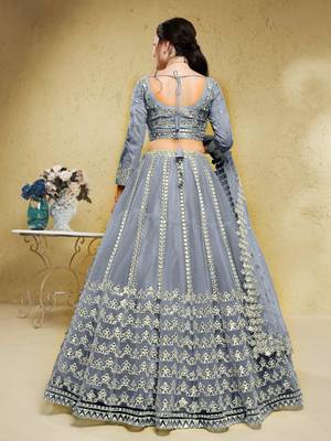 grey foil work net lehenga set choli with dupatta with dupatta 3