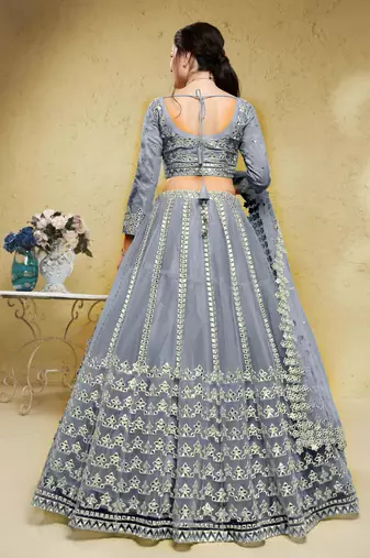 grey foil work net lehenga set choli with dupatta with dupatta