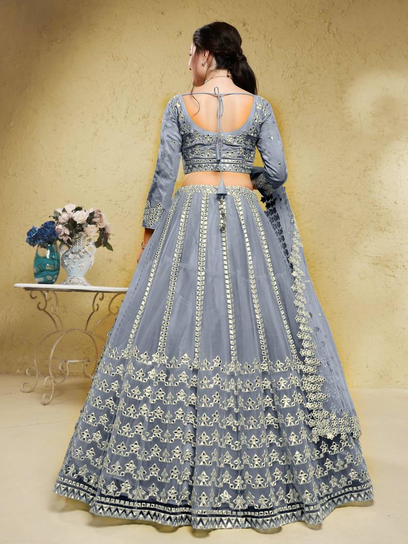 Gorgeous Grey Foil Work Net Reception Wear Lehenga Choli With Dupatta