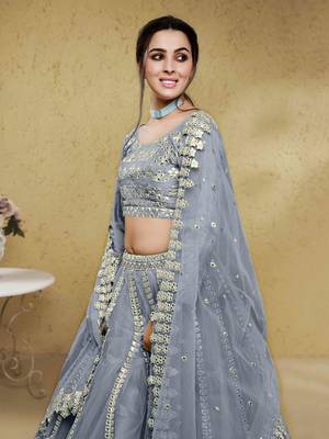 grey foil work net lehenga set choli with dupatta with dupatta 4